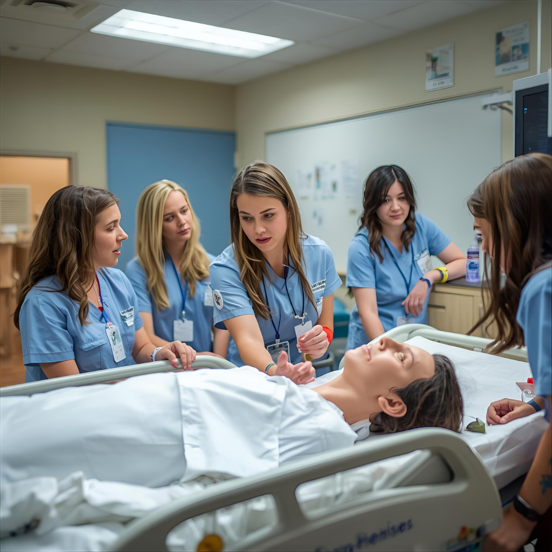 Grupa studentek pielęgniarstwa w niebieskich uniformach ćwiczy procedury medyczne na realistycznym manekinie w sali symulacji klinicznej. Zajęcia odbywają się w kontrolowanych warunkach, umożliwiając praktyczne doskonalenie umiejętności.